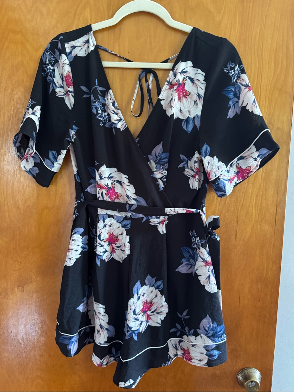 Trixxi Black Floral Print Romper with Pink and Blue Accents - Medium